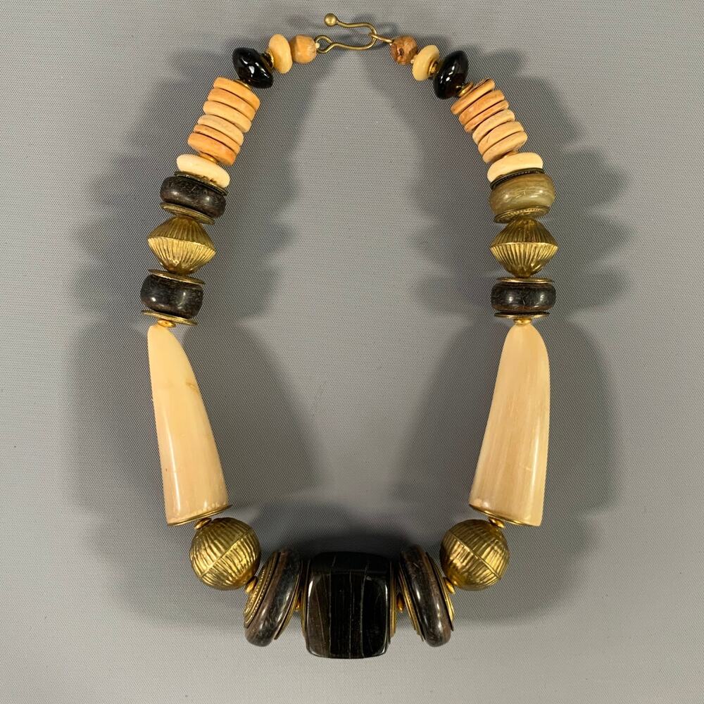 Black Cream Horn Chunky Beaded Statement Necklace Multicolor OS
